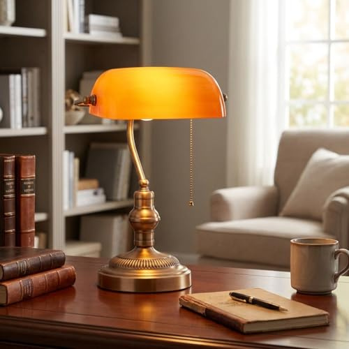 BARCELONA LED Banker Tischlampe Vintage E27, Orange Glas Lampenschirm Verstellbar, Metallfuß Gold Messing, Retro Schreibtischlampe Nordisch Modern für Schlafzimmer Büro Wohnzimmer