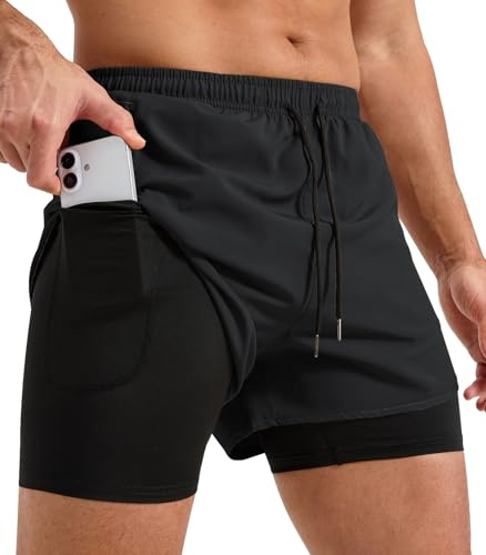 Curluriy Homme Shorts de Course 2 en 1 Running Short avec Poches Zippées | Sports Shorts,Respirant,Séchage Rapide,Léger,Taille Élastique,Cordon de Serrage,pour Jogging,Fitness,Entraînement, Training