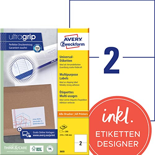 AVERY Zweckform 3655 Universal Etiketten (200 Klebeetiketten, 210x148mm auf A4, bedruckbare Versandetiketten, selbstklebende Versandaufkleber mit ultragrip, DHL) 100 Blatt, weiß