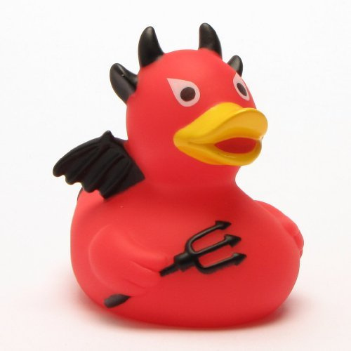 Duckshop I Badeente Teufel mit schwarzen Flügeln I Quietscheente I L: 9 cm I Quietscheentchen I Geschenk für Halloween I Präsent Sammler