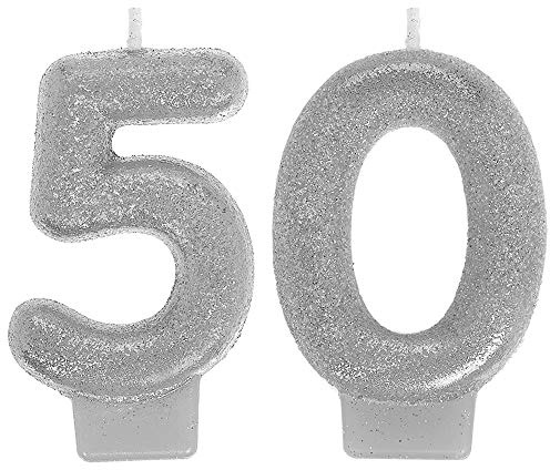 Sparkling Celebration 50th Silver Numeral Candles - 3 (Pack of 2) - Vibrant & Eye-Catching Design - Ideal Party Accessory