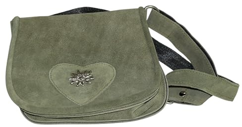 Harrys-Collection Trachtentasche Damen Echtleder Oktoberfest, Oliv | Echtleder Umhängetasche, stilvoller Edelweiß-Pin für das Dirndl, verstellbarer Riemen, perfektes Accessoire zur Tracht