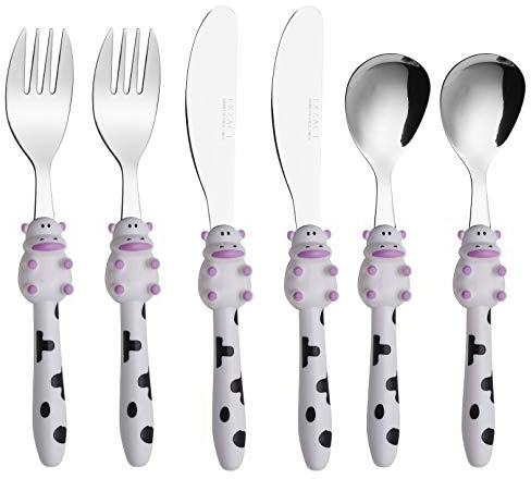 EXZACT Bambini Posate Acciaio Inox 6 pezzi/posate bimbi - 2 x forchetta, 2 x coltelli, 2 x Cucchiai Cena (Mucca x 6)