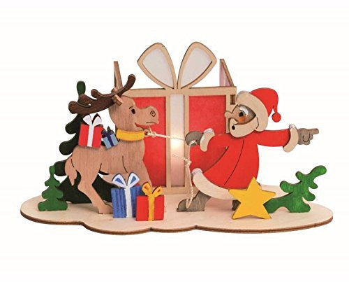 Drechslerei Kuhnert - Hobaku Teelichthalter - Weihnachtsmann mit Elch und Geschenk - aus Holz zum Zusammenbauen - Teelichtbaum/Teelichtbogen - Made in Germany