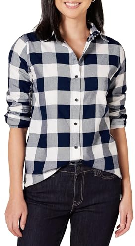 Amazon Essentials Women's Regular-Fit Long-Sleeve Lightweight Plaid Flannel Shirt, Navy Buffalo Plaid, X-Large