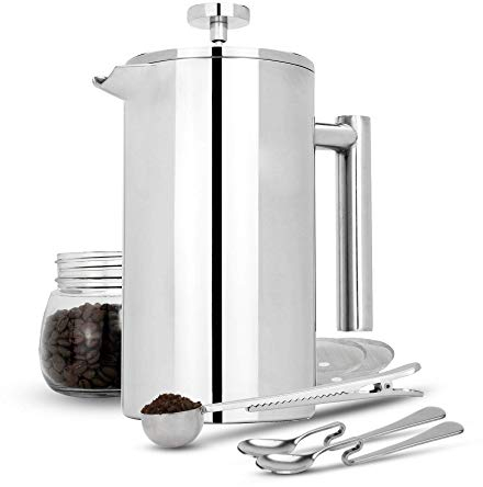 Maison & White French Press Cafetiere | 1000ml Stainless Steel Coffee Press | Filters/Measuring Spoons/Bag Clip | Double Walled Insulation | 7pc Coffee Gift Set | M&W