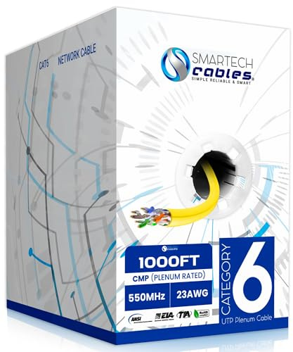 Smartech Cables Cat6 Plenum Cable 1000ft Yellow - Bulk CAT 6 Ethernet Cable (CMP), 23AWG, UTP, 550MHz, 10Gbps for High-Speed Networking