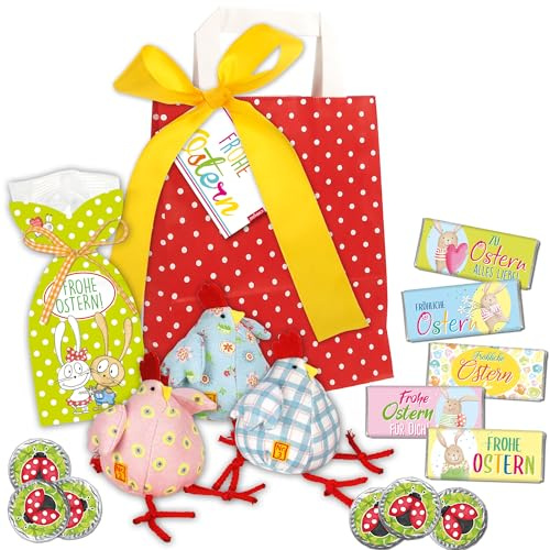 STEINBECK Geschenktüte Ostern 5x Mini-Schokolade 1x Fruchtgummi, 6x Schokotaler, 3x Stoffhuhn Ostergeschenk Osternest Geschenkset Osterhase Huhn