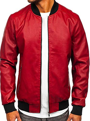 BOLF Herren Lederjacke Kunstlederjacke Bikerjacke Übergangsjacke Steppjacke Kapuze Motorradjacke Pilotenjacke Fliegerjacke Bomberjacke Stehkragen Casual Style J.BOYZ 1147-1 Rot L [4D4]