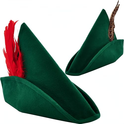 Spooktacular Creations 2 Stück Halloween Filz Robin Hood Hüte mit Feder, Alpenhut Party Kostüm, Peter Pan Hut, Deutscher Hut, Grüner Tiroler Hut Halloween Dress Up Party Favor-One Size