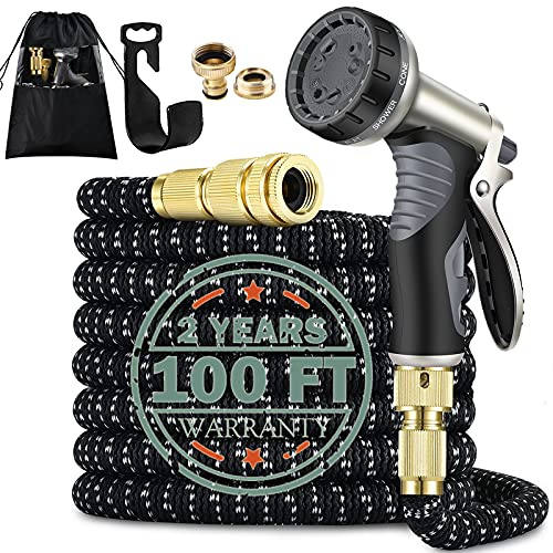 HmiL-U Garden Hose, 100FT Expandable Hose Pipe with Dual Latex Core, Solid Brass Fittings, Metal Spray Gun Nozzle, Black, 1