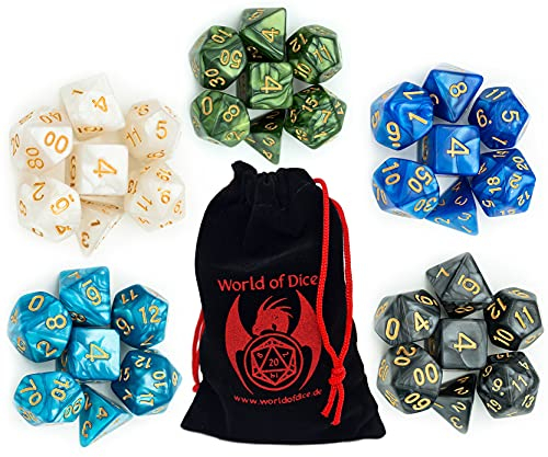 Pen and Paper Würfelset - 35 polyedrische Würfel (5x7 Stück) inkl. Würfelbeutel - ideal als DND Würfel Set (Dungeons and Dragons) oder als Zubehör für DSA, Splittermond & Co.