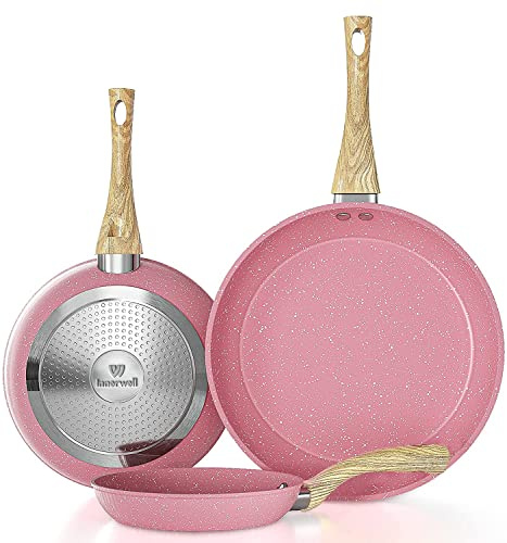 Frying Pan Nonstick Set, 8 & 9.5 & 11 Pink Egg Pan, Non Stick Fry Pan Set PFOA-Free Omelet Pan, Toxin-Free Skillets Stone Cookware, Anti-Warp Base with All Stove Tops Available,Induction Compatible