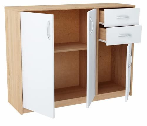 MATKAM Schlafzimmer Kommode mit Schubladen und Türen - Sideboard Wohnzimmer H:85xB:110xT:35 cm - Komode mit 2 Schubladen und 3 Türen - Komodenschrank für Schlafzimmer - Sonoma Eiche – Weiß