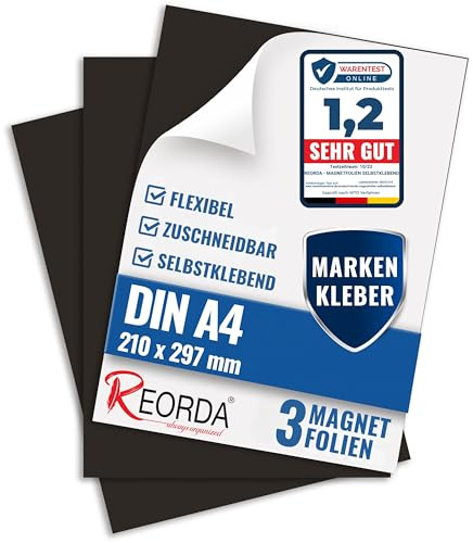 REORDA® Magnetfolie DIN A4 selbstklebend 3er Set - Magnetpapier mit starkem Marken-Kleber - Magnetplatte zuschneidbar für Kühlschrank, Tafeln & Poster - Magnetische Folie selbstklebend für's Basteln