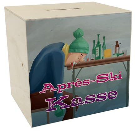 Spardose aus Holz für die nächste Party mit lustigem Motiv und Spruch - Après-Ski Kasse Geschenk für Freunde für den Skiurlaub um etwas Geld für die Après-Ski Schirmbar zu sparen