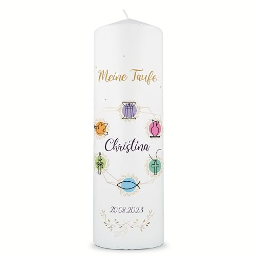GRAVURZEILE Candela stampata, per battesimo con simboli cristiani, candela stampata brillante per battesimo, regalo di battesimo personalizzato per ragazze e ragazzi, candela di alta qualità 250/80 mm
