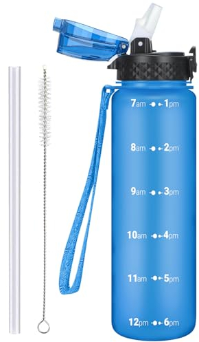 OLDLEY 1L/32oz Sports Water Bottle with Straw, 1000ml Motivational Drinks Bottle with Time Markings Leak Proof Drink & Lock Cover, BPA Free for Gym School Cycling Running Hiking