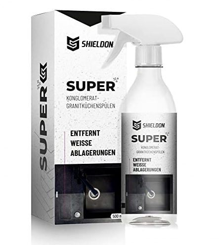 Shieldon Protects SUPER – Kraftvoller Kalkentferner für Granit-Verbundspülen (z. B. Blanco), Spüle, Armaturen & Dusche – Starker WC- & Wasserkocher-Entkalker – Entfernt Kalk ohne Schrubben – 500ml