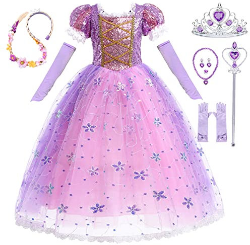 LiUiMiY Rapunzel-klänning för flickor, med accessoarer, prinsessklänning i tyll för födelsedag, fest, halloween, jul och karneval, 3–4 år (110 cm), lila