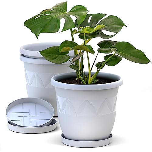 Plastard Blumentopf 3er Set 18 cm Durchmesser Weiß runder Pflanzkübel mit Untersetzer aus Kunststoff witterungsbeständiger Übertopf großer Pflanztopf Kräutertopf für Innen und Außen
