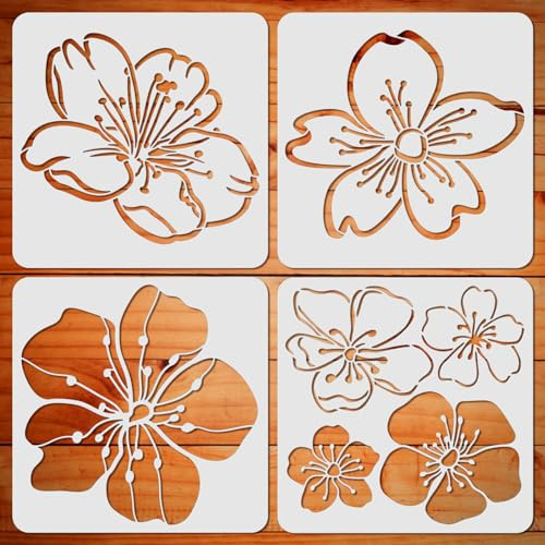 ORIGACH 4 Stück Kirschblüten Schablonen für DIY, Wiederverwendbar, 30×30 cm | Malerei Schablone, Kunststoff Wand Malen Schablonen, Malschablone Set für Scrapbooking Holz Boden Wand Fliesen