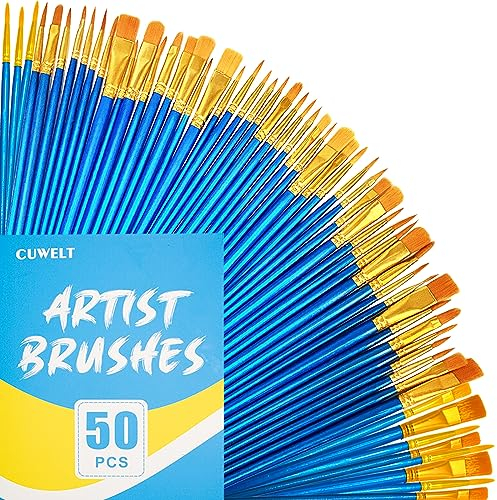 CUWELT 50 Stück Künstlerpinsel Set, Pinselset Malen mit 10 Verschiedene Größen, Nylon Pinsel Detail mit Holzgriffen für Details, Kunstmalerei, Aquarell, Acryl, Ölgemälde, Malliebhaber