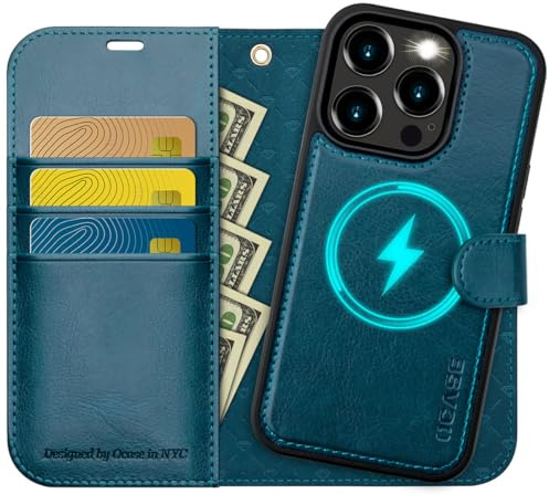 OCASE Kompatibel für iPhone 15 Pro Max Hülle (2in1) Leder Stoßfestes Case [Abnehmbare magnetische] [Kabelloses Laden] [Kartenfach] Handyhülle RFID Schutzhülle Etui Klapphülle Pfauenblau 6,7 Zoll