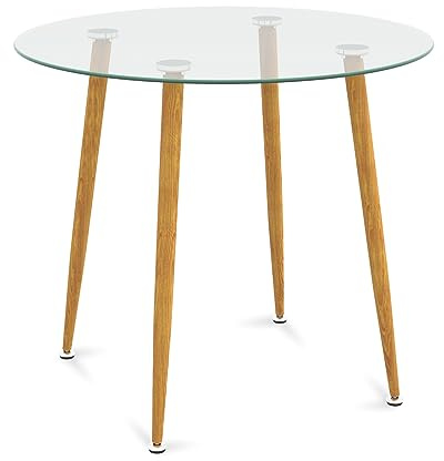 Tangkula 35.5 D x 30 H Round Glass Dining Table, Kitchen Dinner Table w/Tempered Glass Tabletop & Metal Legs, Circle Leisure Coffee Table for Dining Room & Living Room, Clear & Natural