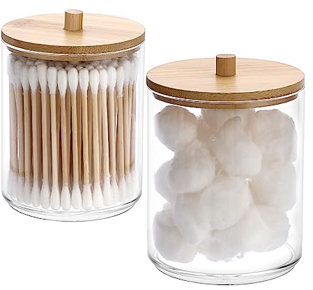 SUMTree 2 Pcs 10 Ounce Plastic Cotton Swab Holder, Acrylic Cotton Bud Qtip Holder Dispenser, Bathroom Cotton Pads Organiser with Bamboo Lids