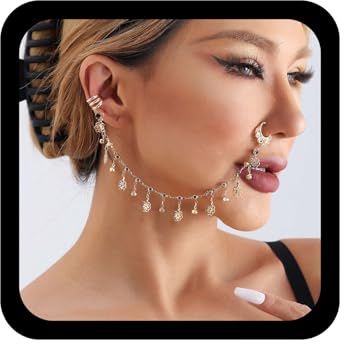 Wendalern Punk Anillo de nariz falso Aro Anillos de nariz dorados con cadena de cristal Flor Cadena de puño de nariz a oreja Anillo de nariz indio Tachuelas Accesorios para el cuerpo para mujeres