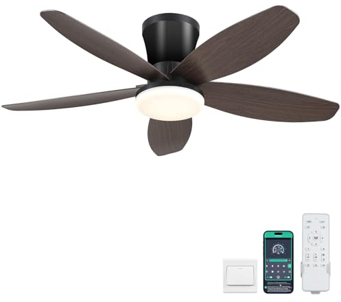 Surtime Ceiling Fans with Lights-36 Low Profile Ceiling Fan with Light and Remote/APP Control,Flush Mount,DC Reversible,LED Dimmable Modern Ceiling Fans for Bedroom,Indoor/Outdoor Patio Use(Brown)