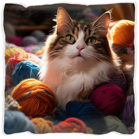 Wallario Dekokissen 40 x 40 cm mit schwarzer Rückseite, Katze in einem Berg von Wollknäuel, Kuschelkissen mit weicher Plüsch-Oberfläche