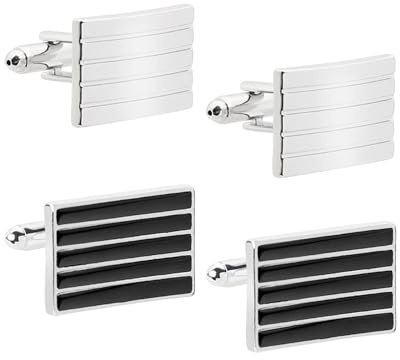 2 par manschettknappar i rostfritt stål, manschettknapp-set, personliga randiga manschettknappar, manschettknappar för män, skjortmanschettknappar (svart silver), En Storlek, Rostfritt stål, Inga