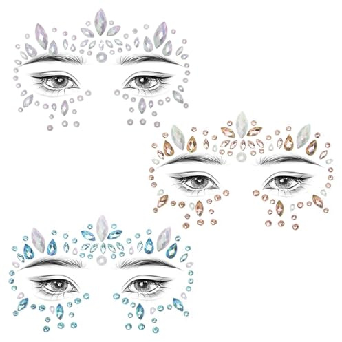 Sugeru 3pcs Glitzersteine Gesicht, Temporäre Tattoos - Selbstklebend, Strasssteine, Festival Glitzer, Face Glitter für Party, Make-up, Karneval (Set A)
