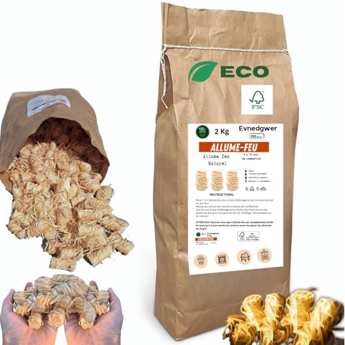 Feueranzünder, 100 % natürlich, aus Holzfaser und pflanzlichem Wachs – Beutel mit 2 kg – unverzichtbares Zubehör für Grill, Kamin, Feuerschale, Holzofen und andere – umweltfreundlich, FSC-zertifiziert
