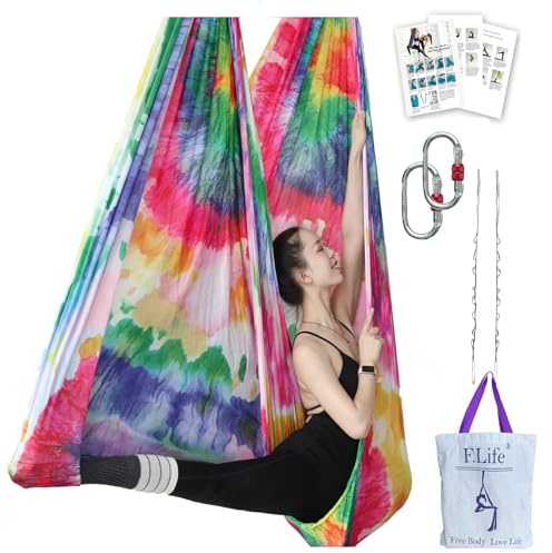 F.Life Aerial Yoga-Hängematten-Set, Yoga-Schaukel, mehrfarbig, 4,5 m, fliegendes Yoga, inklusive Gänseblümchen, Karabiner und Posenanleitung (Spiralmuster mit Batikfärbung)