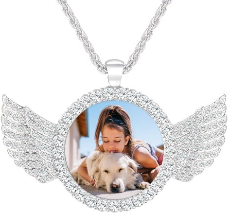 FAMIPAWS Collier avec photo personnalisé pour homme et femme - Médaillon souvenir d'animal domestique - Chaîne circulaire - Bijoux Hip Hop - Ailes d'ange/cœur/rond/plaque d'identité de chien, 4.6x3.9
