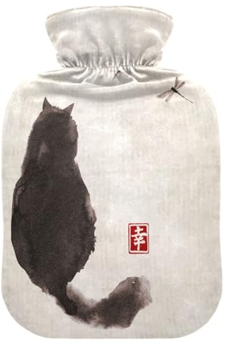 Wärmflasche mit Bezug, Chinesische Malerei Katze 2L Auslaufsicher Wärmbeutel für Hand Füße Wärmer Nacken Schulter Rücken Muskel Schmerzlinderung Kaltkompresse