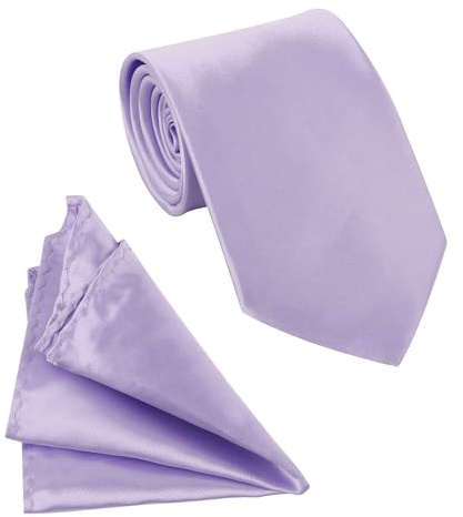 WedDecor Men's Solid Satin Tie and Pocket Square Set | 149 x 8cm Plain Formal Necktie with Matching Handkerchief, Business Wedding Party Suit Accessory
