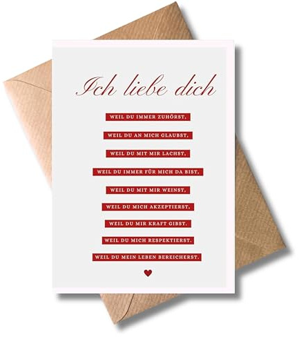 Valentins Tag Karte mit Umschlag - Geschenkkarte zum Valentinstag Ich liebe dich weil... Eigenschaftenauszählung Gründe Liebesgeständnis Liebeskarte Romantik Valentinskarte für Partner (DIN A6)