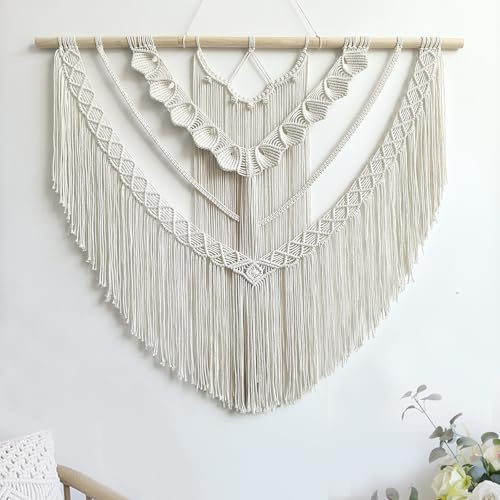 Achart Grande decorazione da parete in macramè, stile bohémien, decorazione da parete grande, decorazione da parete per soggiorno, arazzo macramè boho per camera da letto (conchiglie beige)