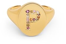 SINGULARU - Anillo Personalizado Signet Letter Colors. Ajustable. Latón con Acabado Baño de Oro de 18 Kt. Talla Unica. Joyas para Mujer. Letra A - Z