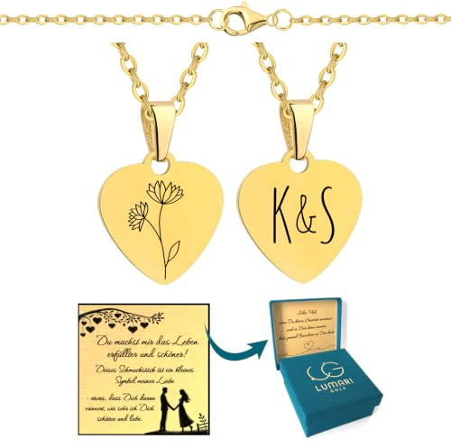 Lumari Halskette mit personalisiertem Medaillon - Rechteck/Kreis/Herz Anhänger aus Edelstahl mit eingravierten Namen/Initialen und Geburtsblume - Geburstag Geschenk für Ehefrau Freundin Frau