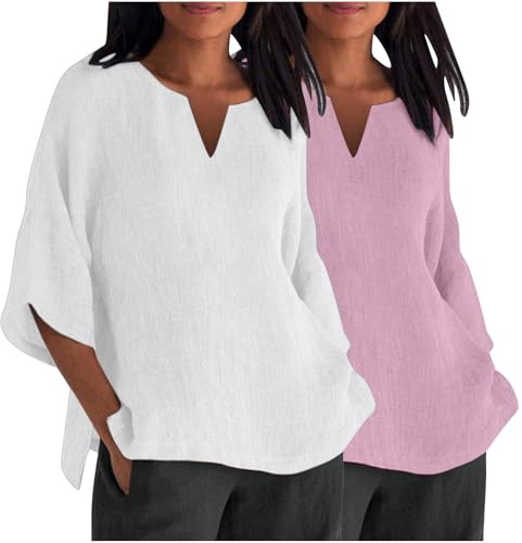 Lot de 2 Chemises en Coton Et Lin Col V pour Femmes Chemisiers Et Blouses Femme Chic Et Élégant Manches 3/4 Chemisier Femmes Été Ample Tunique Couleur Uni Haut Tops Chemise Lin Pas Cher Soldes