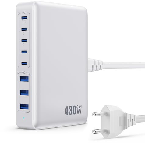 430W Caricatore USB Multiplo,8 Port GaN Ⅳ 100W PD Caricabatterie Multipla PPS QC Alimentatore USB C Stazione di Ricarica Multipresa per MacBook Air/Pro Laptop iPhone iPad Samsung SteamDeck-Bianco