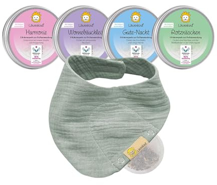 LÖWENKIND Baby Startklar-Set für typische Kinderwehwehchen | Erkältungszeit, Zahnen, Schlafprobleme, Bauchbeschwerden | 4x5 natürliche Kräuterpads | Musselin-Halstuch aus 100% Bio-Baumwolle (Pistazie)