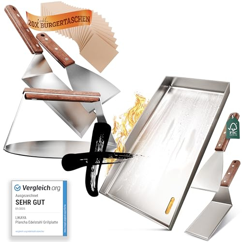 LIKAYA [BUNDLE] Plancha Plaque de cuisson en acier inoxydable [20 x 40 cm] + kit Burger-Smasher – 4 spatules à barbecue & Burger Smasher avec manche en bois d'acacia FSC – Des hamburgers parfaits sur