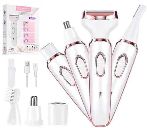 Rasoir électrique sans fil 4 en 1 pour femme, épilateur facial et rechargeable humide et sec, tondeuse à sourcils, aisselles, bikini et jambes, kit de