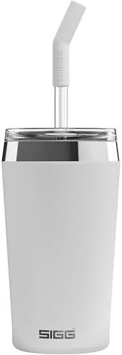 SIGG - Isolierbecher - Travel Mug Helia - Mit wiederverwendbarem Glastrinkhalm & Reinigungsbürste - Auslaufsicher - BPA-frei - 18/8-Edelstahl - 0,45L / 0,6L